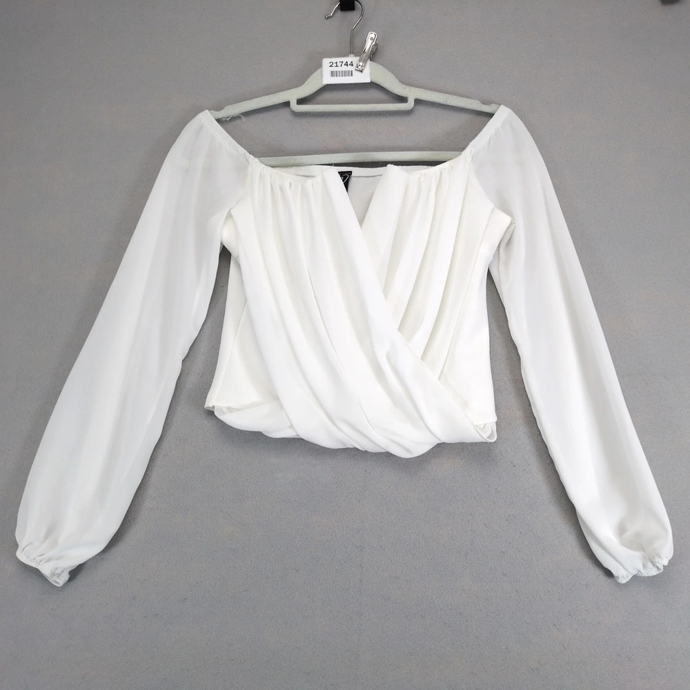 Windsor White Structured V Surplice Blouse Womens M Sheer Puff Sleeve Cropped